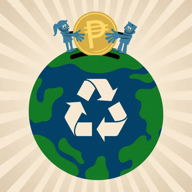 Vector illustration of People put money into the planet Earth with a recycling symbol, the concept of sustainable business, growing a clean Eco Earth fund, and environmental protection