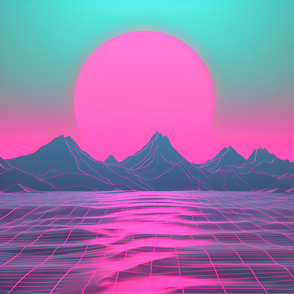 Vaporwave-style landscape. blue and pink color.