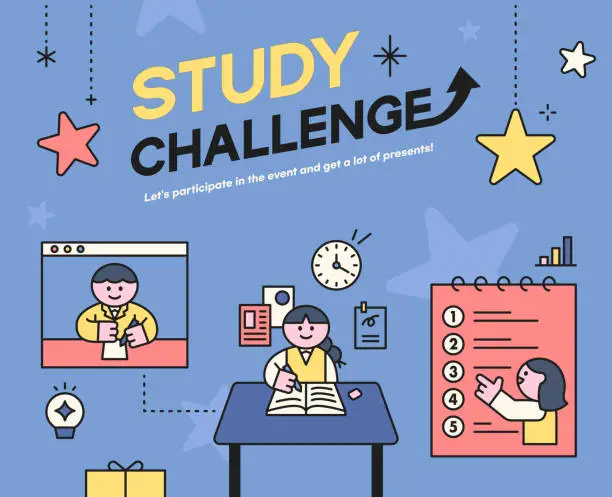 Vector illustration of Education. Students studying hard and taking exams. Study challenge advertising banner.