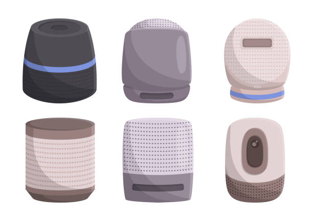 ilustrações de stock, clip art, desenhos animados e ícones de voice-controlled smart home speakers set. devices, provides hands-free control, voice-activated commands - bluetooth