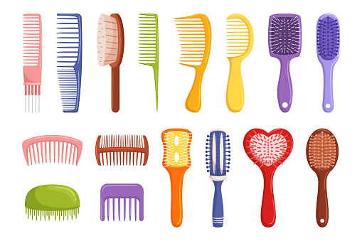 Wide-toothed, Bristle, And Paddle Hair Brushes Set, Suitable For Detangling, Styling, And Smoothing Hair. Perfect For All Hair Types And Achieving Desired Hairstyles. Cartoon Vector illustration
