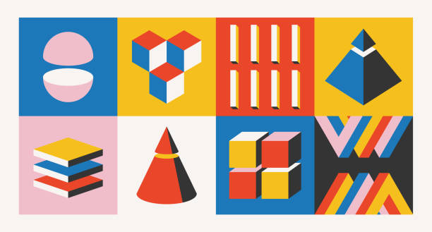 Geometric Bauhaus Pattern Showcasing Volumetric Figures, Highlighting The Interplay Of Shapes, Lines, And Angles Geometric Bauhaus Pattern Showcasing Volumetric Figures, Highlighting The Interplay Of Shapes, Lines, And Angles, Creating A Dynamic And Visually Striking Design. Cartoon Vector Illustration futurism stock illustrations