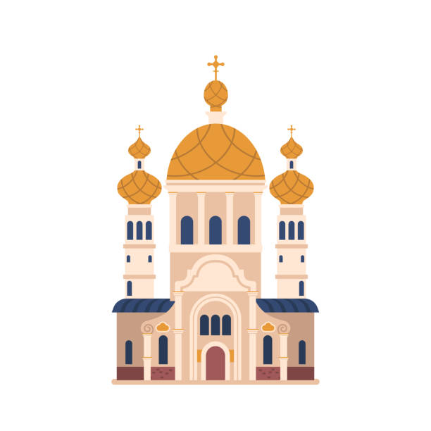 Orthodox Church Building With Unique Onion-shaped Domes. Elaborate Byzantine Religious Architecture Orthodox Church Building with Unique Onion-shaped Domes. Elaborate Byzantine Religious Architecture Showcase Religious Symbolism And Grandeur Isolated On White Backgorund. Cartoon Vector Illustration byzantine icon stock illustrations