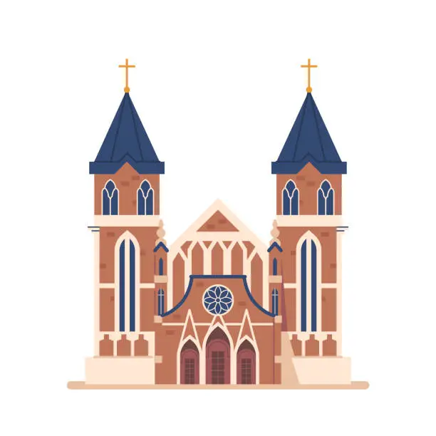 Vector illustration of Catholic Church Building. Tall, Majestic Structure With Ornate Architecture And Intricate Stained Glass Window