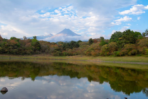 Colima Volcano and Carrizalillo Lagoon in the State of Colima Mexico.