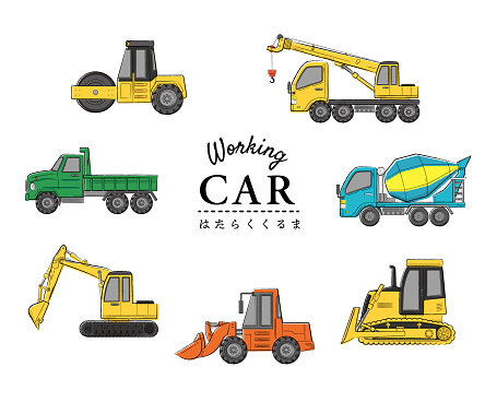 Working car hand-drawn touch illustration set, heavy equipment