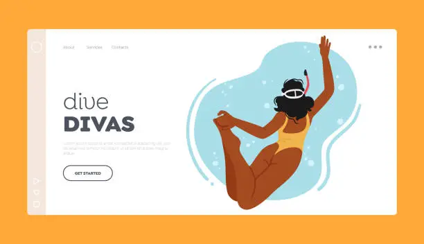 Vector illustration of Dive Divas Landing Page Template. Female Swimmer Character Gracefully Glides Through Water, Arms Extended