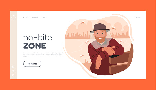 No-Bite Zone Landing Page Template. Male Character Wear Hat With Mosquito Net. Practical And Protective Accessory For Outdoor Activities Prevents Mosquito Bites. Cartoon People Vector Illustration