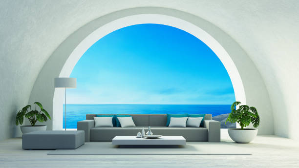 istock Beach Luxury Living Room - Santorini island style - 3D rendering 1492187821