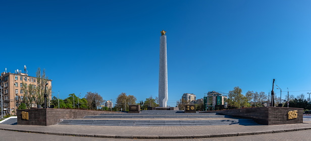 Odessa, Ukraine 05.05.2023. Obelisk Wings of Victory in Arcadia district in Odessa, Ukraine, on a sunny spring day