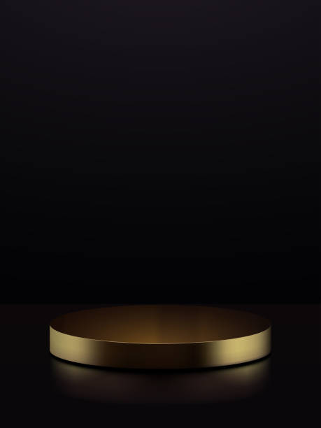 istock Gold cylinder pedestal podium with confetti on black background 1492191328