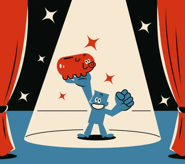Vector illustration of A smiling blue man showing a piggy bank on stage with a spotlight