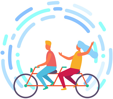 People riding bicycle, transport with pedals. Couple on bike doing sports vector illustration. Man and woman spending time during tandem walk together. Family romantic weekend outdoor recreation