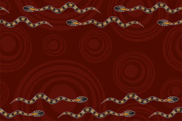 бесшовный горизонтальный рисунок границы со змеями и гладкими круглыми формами на фоне. - aboriginal stock illustrations