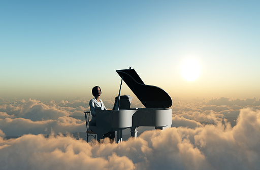 A woman plays the piano on the clouds ,3d render