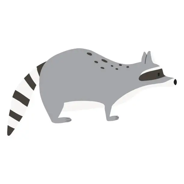 Vector illustration of Childrens illustration of a cute raccoon isolated on a white background. Forest raccoon hand-drawn in cartoon style.