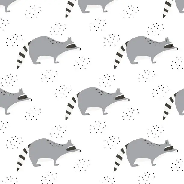 Vector illustration of Childish seamless pattern with gray raccoon. Pattern with a cute forest raccoon.