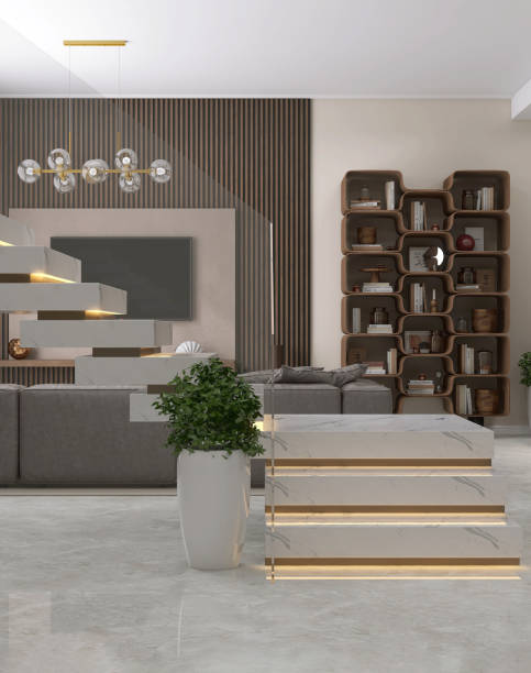 istock White marble L shape floating stair, led stripe light staircase, tempered glass balustrade in luxury beige living room, wood paneling wall 1492201806
