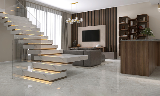 White marble U shape floating stair, led stripe light staircase, tempered glass balustrade in luxury beige living room, window, wood paneling wall for interior design decoration, lifestyle product display background 3D