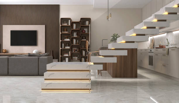 istock White marble L shape floating stairs, led stripe light under tread staircase, tempered glass panel balustrades in luxury living room, kitchen 1492201817
