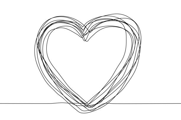 continuous line drawing of a multilayer sketch in the shape of a heart on a white background. Vector horizontal stock illustration. Many black contours that are constant in thickness make up the frame continuous line drawing of a multilayer sketch in the shape of a heart on a white background. Vector horizontal stock illustration. Many black contours that are constant in thickness make up the frame black and white heart stock illustrations