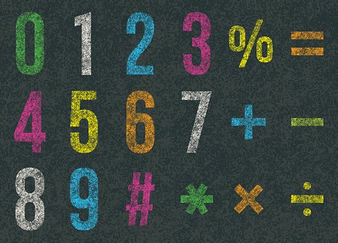 Vector weathered numbers and mathematical symbols. Multi-colored stamped numbers and symbols on textured black cardboard.