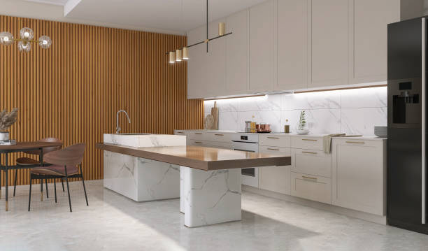 Marble island, sink, modern wood dining table, pendant light in beige kitchen counter, splash back, cabinet, cupboard on polished cement floor