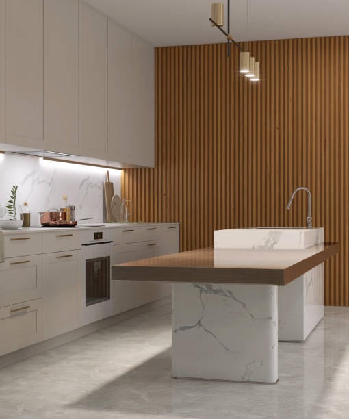 istock Wood, marble island dining table, sink, pendant light in beige kitchen counter, cabinet, cupboard, polished cement floor, wood panel wall 1492202108
