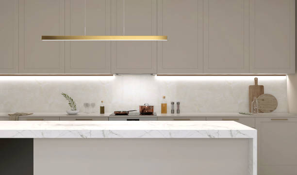 Modern white marble top dining table island, pendant light in luxury beige kitchen counter, hidden light, splash back, cabinet counter, cupboard