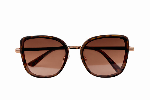 Cat's eye women's sunglasses with brown frame and glass, white background, cut out, clipping path