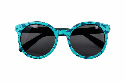 Sunglasses with turquoise and black frame pattern, white background, cut out, clipping path
