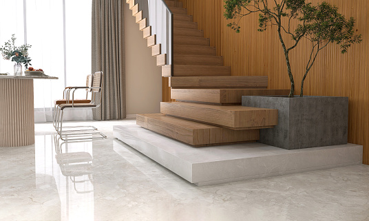 Luxury white marble floor, modern L shape wood cantilever stair staircase, tempered glass panel balustrades, tropical tree by dining table in sunlight from window on wood panel wall for interior design decoration, lifestyle product display background 3D