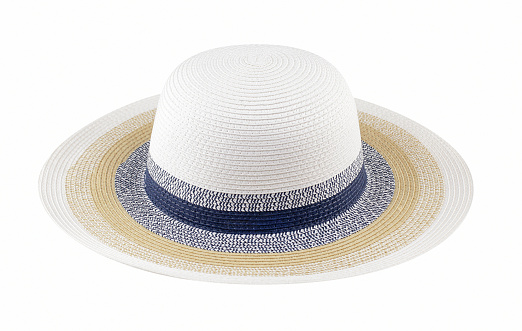 Feminine straw sunhat with stripes around, isolated on white background, cut out, clipping path, studio shot