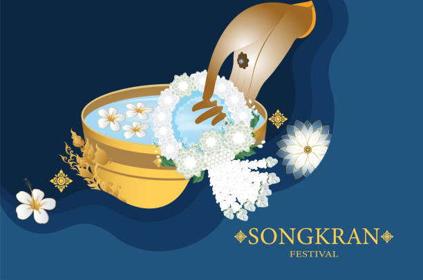 ilustrações de stock, clip art, desenhos animados e ícones de songkran festival in thailand on paper art blue vector background, hibiscus flowers and water bowl - thai new year - siam square