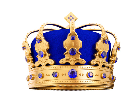 3d royal golden crown with blue diamonds on isolated background. Textured king gold crown. 3d rendering illustration.