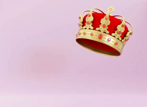 3d royal golden realistic crown with red diamonds on pink background. Textured king gold crown icon. 3d rendering illustration.