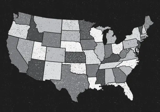 Vector illustration of USA states map with grainy textures - black background