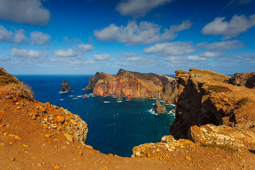 Volcanic sea cliffs of the Sao Lourenco peninsula, eastern Madeira, Portugal, Atlantic Ocean. High quality photo