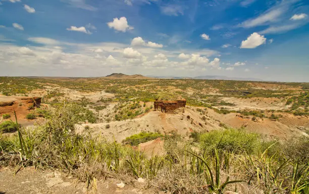 Panoramic view of Olduvai Gorge, site of ancient hominid fossil finds by the Leakey family, Tanzania
