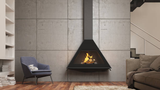 istock 3d illustration of a living room with fireplace. 1492214314