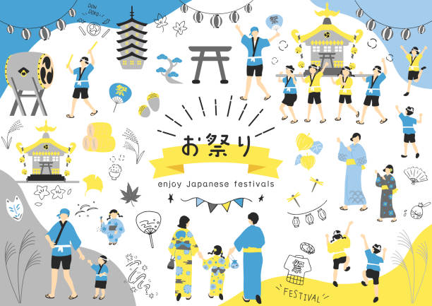 illustrations, cliparts, dessins animés et icônes de les icônes du festival d’été et les yukata - obon