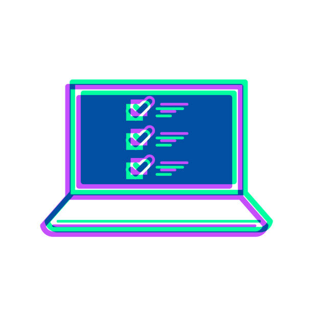 ilustrações de stock, clip art, desenhos animados e ícones de laptop with checklist. icon with two color overlay on white background - check mark digital composite blue computer icon