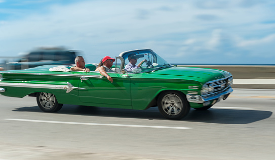 Havana, Cuba - October 20, 2017: Moving Old Car in Malecon, Havana. Cuba. Sightseeing Tour with Tourist. Panning Effect.