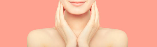 Close up beauty skin care concept, portrait woman enjoying clean skin stock photo