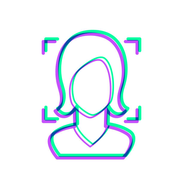 Facial recognition with woman. Icon with two color overlay on white background Icon of "Facial recognition with woman" in trendy colorful style on blank background. Purple and green are overlapped to create a modern visual effect, looking like anaglyph images. The combination of purple and green in this illustration creates a predominantly dark blue icon. Vector Illustration (EPS file, well layered and grouped). Easy to edit, manipulate, resize or colorize. Vector and Jpeg file of different sizes. facial recognition woman stock illustrations