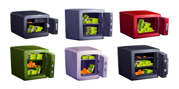 schließfach mit offener tür und geldeinzahlungsvektorsatz - coin bank cash box safety deposit box lock stock-grafiken, -clipart, -cartoons und -symbole