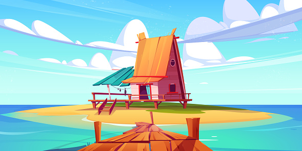 Tropical island with bungalow on beach. Sea or ocean landscape with small house with straw roof and wooden pier. Summer paradise resort cottage, vector cartoon illustration