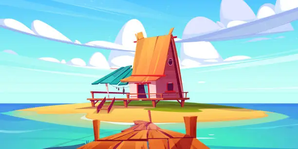 Vector illustration of Tropical island with bungalow on beach