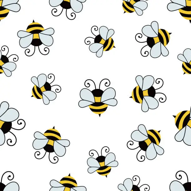 Vector illustration of Seamless pattern with flying bees. Cartoon doodle cute bees seamless linear pattern.