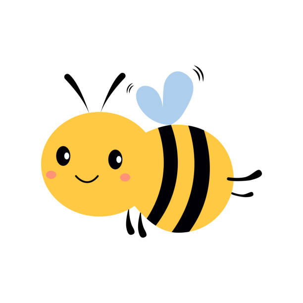 친근한 귀여운 만화 꿀벌이 날고 웃고 있는 삽화 - small bee stock illustrations
